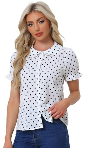 Allegra K - Camicetta da donna con pois, maniche corte a sbuffo, stile vintage, con bottoni, colletto alla Peter Pan, bianco, M
