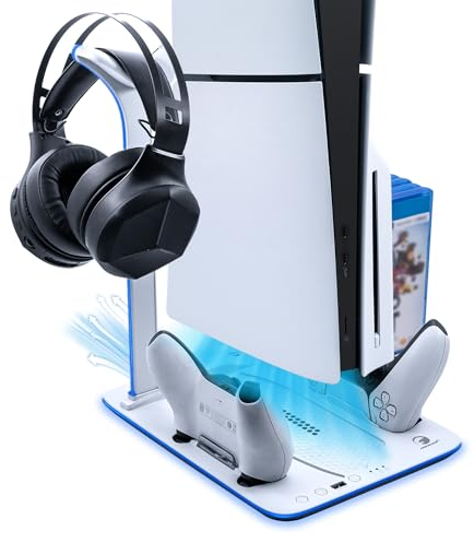 Mcbazel PS5 Slim Ladestation mit kühler und RGB-Licht, 3-stufige Kühler Ladestation mit Gaming-Headset-Halterung, Gaming-Disc-Aufbewahrungszubehör - Weiß(Nicht für PS5/PS5 Pro)