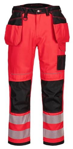 Portwest T501 Mens PW3 Hi Vis Work Trousers - Holster Pocket Workwear Safety Construction Trousers Red/Black, 28