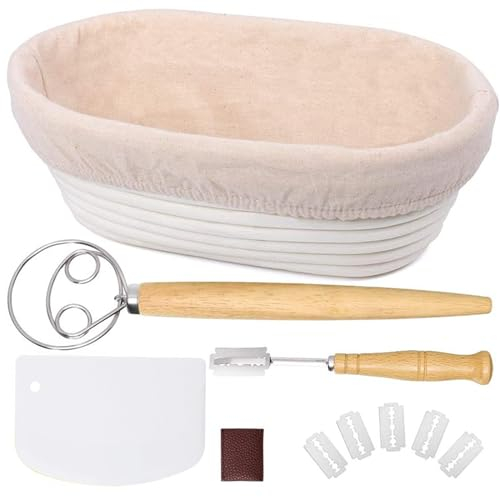 Jarsense Bread Proofing Basket Set, 10 Inch Oval Banneton Brotform, Bread Dough Sourdough Proofing Kit with Liner, Dough Scraper, Bread Scoring Lame and Danish Dough Whisk - 11pcs