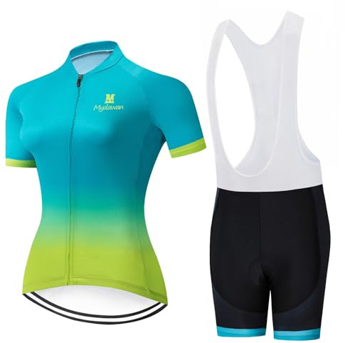 Conjunto Ropa Ciclismo Mujer Verano Maillot Ciclista Bici MTB Manga Corta | Camiseta Ciclo y Culotte Tirantes Carretera con 19D Gel Acolchado,Completa Traje Bicicleta Transpirable Secado Ráido