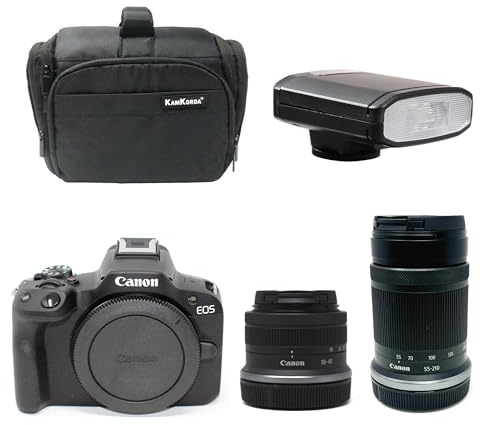 KamKorda Camera Bag + Flash + R50 Mirrorless Camera + RF-S 18-45mm + RF-S 55-210mm STM lenses, 24.2MP APS-C CMOS Sensor, UHD 4K Video + 2 Year Warranty