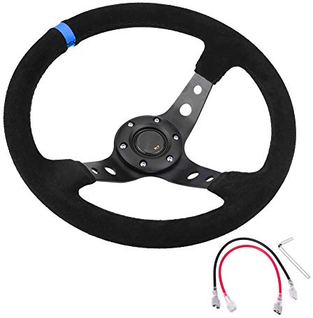 Sportlenkrad,Drifting Steering Wheel,Lenkrad Universal 14 Zoll Racing Lenkung Deep Corn Drifting Leder 350mm Autolenkrad mit Hupe 6-Loch(Blue)