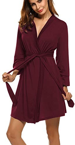 Ekouaer Dam morgonrock kort stickad badrock morgonrock damer myskläder V-ringad lätt mjuk kimono med fickor, 1a_vin röd, XXL