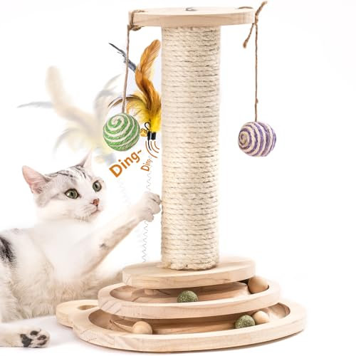 MEWOOFUN Katzenspielzeug aus Holz Roller 2-lagiger Drehteller Interaktives Katzen Spielzeug mit Federn, 3-in-1 Kitten Spielzeug interaktiven Bällen und hängenden Bällen und Katzenkratzen (Large)