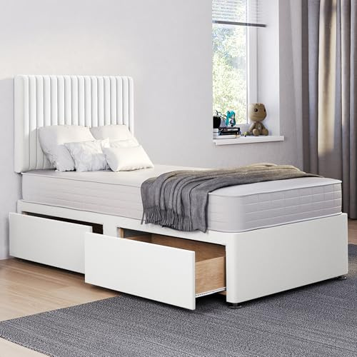 ComfoRest – Practical 3FT Single Divan Bed with Malia Headboard, Mattress Included and 2 Drawers – Supportive Frame | Bed & Mattress Sets | Built-In Drawer Feature (White Plush)
