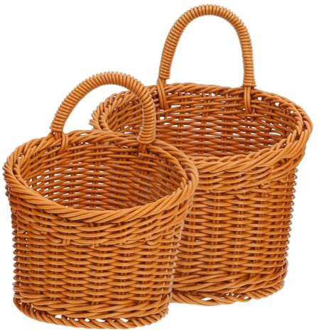 MAGICLULU 2pcs Hanging Woven Storage Basket Wall Mounted Organizer for Kitchen Garlic Ginger Medium and Large Size Wicker Wall Baskets for Storage