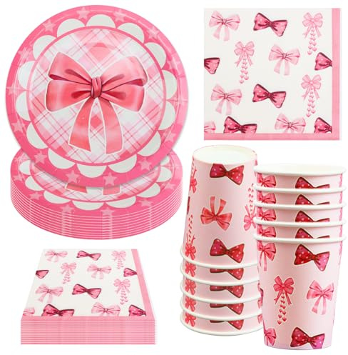 Hmfmdy Rosa Schleife Partygeschirr Set, 40 Stück Party Deko, Geburtstag Geschirr Kit Mit Pappteller Becher Servietten, Party Geschirr Supplies für Verlobung, Mädchen, Babyparty, Hochzeit - 10 Gäste