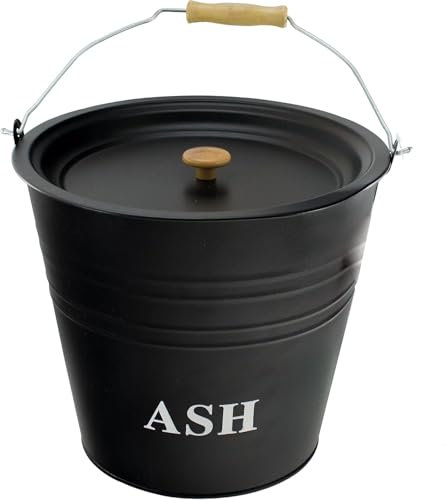 Mantraraj 12L Ash Bucket with Lid Easy to Carry Wooden Handle Fireside for Hot Ash Coal Logs Chunks Pellets Fireplaces Fire Pits Bucket Charcoal Bin Box Galvanised Black for Indoor Outdoor