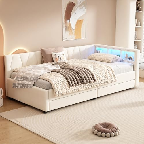 Kebnor Daybett, Tagesbett, Schlafsofa, Fernbedienung für Umgebungslicht, Bett mit Zwei Schubladen, Bett mit Lattenrost (ohne Matratze), Leinen 90 * 200cm (Beige)