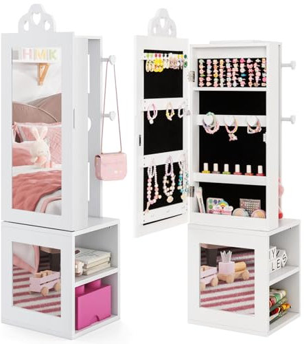 COSTWAY Kinder Schmuckschrank, 3 in 1 Spiegelschrank mit Ganzkörperspiegel & Kleiderständer, Schmuckständer mit Haken & Ablageflächen, Schmuck Organizer für Mädchen ab 3 Jahren (Weiß)