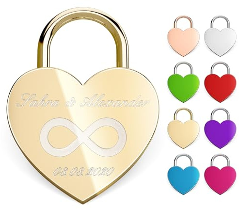 Metzler Herzschloss personalisiert mit Gravur in Gold – Liebesschloss mit Namen & Datum – Schloss mit Herzschlüssel aus Metall, wetterfest – romantisches Geschenk für Paare inkl. Samtbeutel