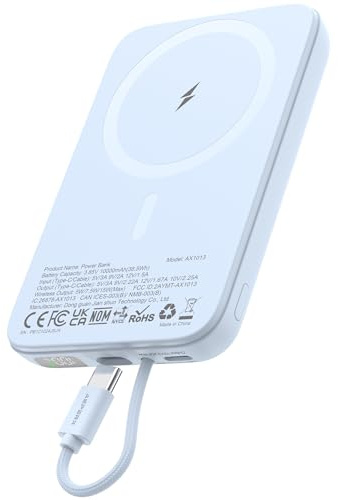 ASPERX Batterie Externe Magnétique avec Câble USB-C Intégré, 10000mAh 22.5W sans Fil Power Bank USB C in & Out, Charge Rapide pour iPhone 16/15/14/13/12 Series, iPad, Galaxy