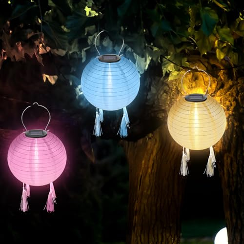 3 Stücke Solar Lampions Außen Wetterfest, 25cm Solarlampions für Außen Garten, Solar Lampions Wasserdicht mit 4 Quaste, Hängende Nylon Laterne für Gärten, Höfen, Balkonen, Hochzeit