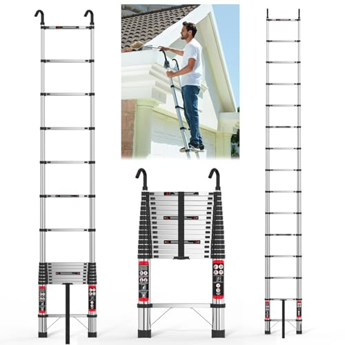 Teleskopleiter 5M mit Haken, Rutschfester Schiebeleiter Edelstahl Leiter, 150 kg Belastbarkeit Ausziehleiter Stehleiter für Zuhause, Fenster Putzen, Dacharbeit, Wände Streichen, Gartenarbeit
