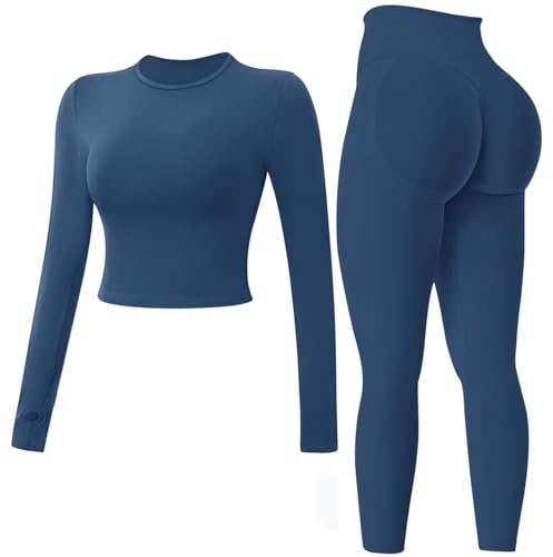 JN JANPRINT Nahtlose Fitness-Sets für Damen, 2-teilig, langärmelig, Top, versteckte Scrunch-Leggings, Yoga-Outfits, Trainingsanzug