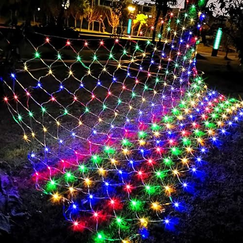 HHUYAMM Luces solares de red para exteriores, 1,5 m x 1,5 m, 100 luces LED de malla con 8 modos, luces de red de encendido/apagado automático para arbustos, arbustos, decoración de césped (policromado