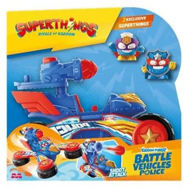SUPERTHINGS KAZOOM POWE –Battle Vehicle Police. Vehículo de batalla policía de los héroes de la Serie de TV “Superthings Kazoom Power”. Contiene 1 Battle Vehicle, 2 Superthings Exclusivos, 1 Proyectil
