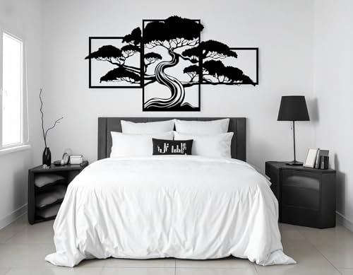 Kajaro Bonsaibaum Wandbild Holz 3-teilig, 1770x980 mm, selbstklebend | Gratis: zweites kleineres Bild. Selbstklebende Holz-Wanddeko in Metalloptik, einfache Montage ohne Bohren.