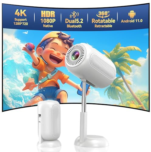 Mini vidéoprojecteur 4K pour la Chambre, HD 1080p Portable Smart Voice Video Projector, Auto Keystone, Liftable and Adjustable for Home Theater Support HDMI/USB/Android/iOS/TV Stick