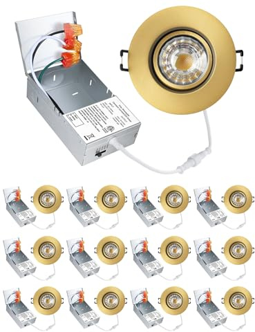 POPANU Matte Gold Premium 3-Inch Gimbal LED Recessed Light Canless Downlight Rotatable Spotlight with Junction Box, Eyeball Ceilling Potlight, Dimmable, 8W 5CCT Adjustable, Matte Gold Trim, 12 Pack