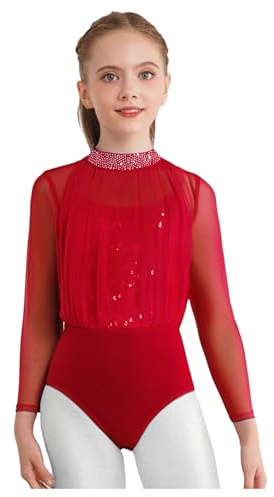 Agoky Turnanzug für Mädchen Langarm Mesh Spleiß Body mit Raffung Vintage Retro Gymnastikanzug Tanz Trikot Leotards Rot 146-152