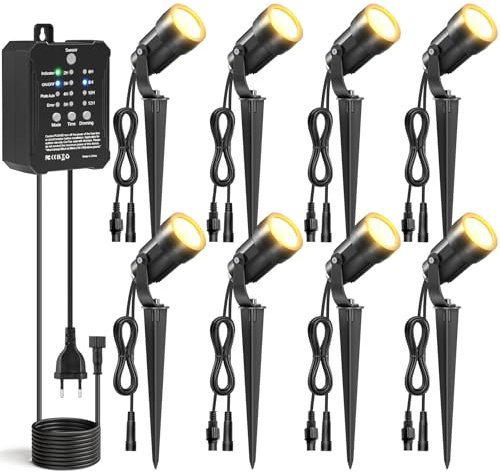 HIBOITEC 5W LED Gartenstrahler 8er Set, 2700K Warmweiß Gartenlampen für Draußen mit 40W Dimmbarem Transformator & Timer, 250LM Gartenbeleuchtung für, Bäume Garten Weg | Abnehmbares Design, Gartenstrahler mit Trafo, 40 W, IP65, wasserdicht, warmweiß, Außenbeleuchtung für Garten und Allee