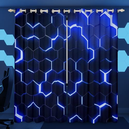Homewish Neon Geometrisch Honeycomb Curtain 245x140(HxB) Neon Licht Geometrische Verdunkelungsvorhänge Kinder Jungen Geometrie Hexagonal Vorhänge Schlafzimmer Blau Schwarz Gamer 2 Paneele Vorhang