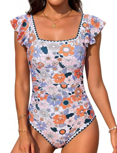 FemiChic Traje de baño de una pieza para mujer con volantes, escote cuadrado y suspensión en la espalda, ajuste de cintura alta, monokini push up, detalle para playa y piscina