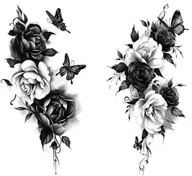 Körperaufkleber 2 Stück Schwarze Rose Schmetterling Blumen Wasserdicht Temporäre Tattoo Aufkleber Körperkunst Arm Bein