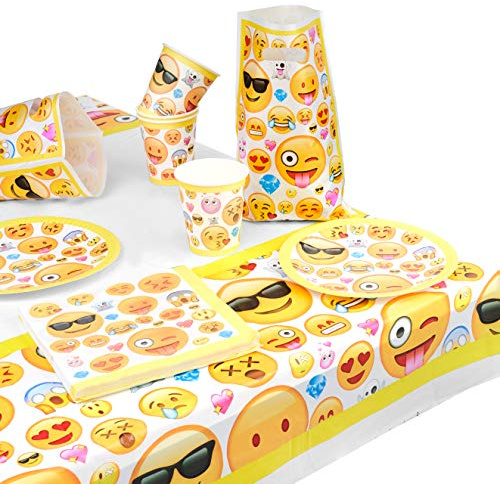 MATANA 76 Stück Emoji Partygeschirr Set für Jungen & Mädchen - Kindergeburtstag Smiley Einweggeschirr Partyset - 15 Partyteller, 15 Becher, 15 Partytüten, 30 Servietten & 1 Tischdecke