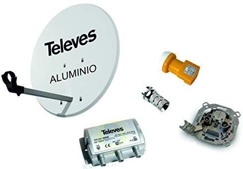 Kit antenna parabolica 63 cm alluminio Tves + mixer per satellitare + presa finale separatrice di segnali