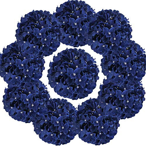 Flojery Lot de 10 têtes de fleurs d'hortensia artificielles en soie avec tiges pour la décoration Bleu roi