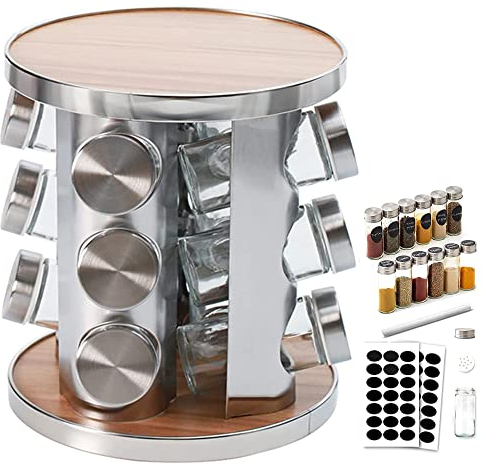 Manfâ Gewürzkarussell 360°drehbar Gewürzregal,12 Gewürzgläsern,Lebensmittelqualität 430-Edelstahl Rotationsküchen Gewürzständer,Gewürzdosen zum Streuen,mit Etikettenpapier und Schreibstift