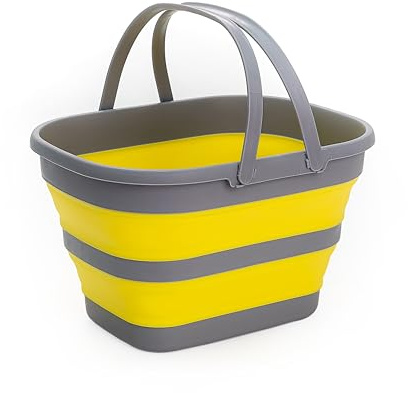 SAMMART 17L Faltbarer Korb mit Griff – Tragbarer Outdoor-Picknickkorb/Krater – Faltbare Einkaufstasche – Platzsparender Aufbewahrungsbehälter (Dunkelgrau/Hellgelb, 1)