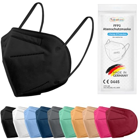 TubeRoo FFP2 Maske Bunt farbig 1/5/10/20/50/100 Stück Masken aus Deutschland, Made in Germany, weiche runde Ohrschlaufen Bänder, Atemschutzmaske, Mundschutz, Schutzmaske, Staubmaske, Feinstaubmaske