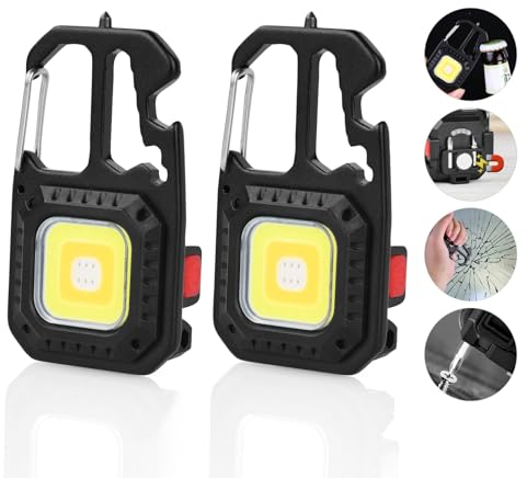URAQT Mini Torcia Elettrica a LED, 7 Modalità Mini Torcia Portachiavi, 2 Pezzi Luce Magnetico Multifunzione, 800 Lumen, Impermeabile, con Apribottiglie, Martello rompivetro, Cacciavite, Base Magnetica