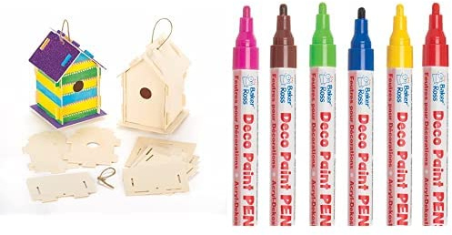 Baker Ross Holz-Bastelsets Vogelhaus (2 Stück) und Deko-Lackstifte (Packung B) 6 Stück