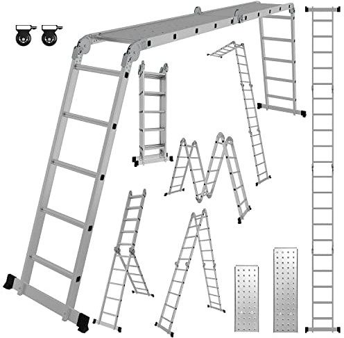 Ikodm Scala multiuso 4 x 5 gradini 5,82 m, 7 in 1, in alluminio, fino a 150 kg, con 2 ruote per il trasporto e 2 piattaforme, scaletta pieghevole in alluminio