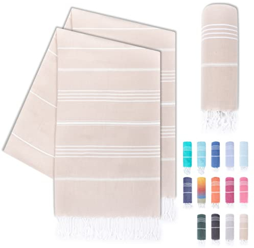 LAYNENBURG Set di 2 telo mare premium con frange annodate a mano - 100% cotone Telo fouta hammam XXL 100x200 cm - OEKO-TEX 100 - telo hamam grande - asciugamano sauna e pestemal (Beige)