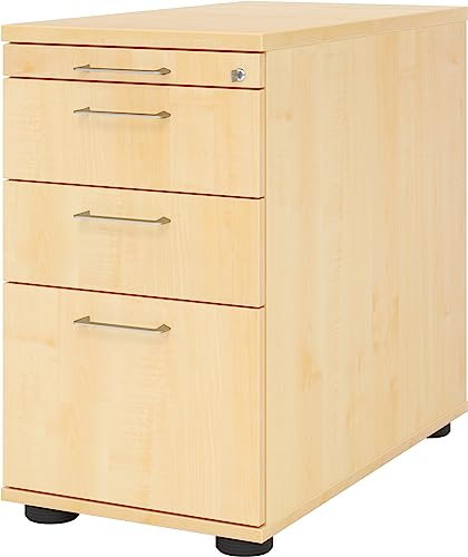 bümö Schreibtisch Schrank Büro mit Hängeregister für Hängeordner, Schubladenschrank Holz in Ahorn, Container mit Schubladen & Hängeregistratur - Schreibtisch Kommode mit Bügelgriffe