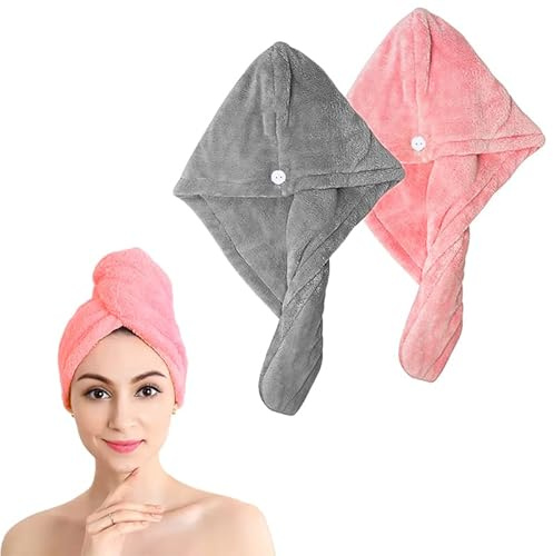 Shakeel Set di 2 Asciugamani Turbante in Microfibra, Super Assorbenti e a Asciugatura Rapida, con Design a Bottoni, Perfetti per Capelli Bagnati, Doccia e Spa