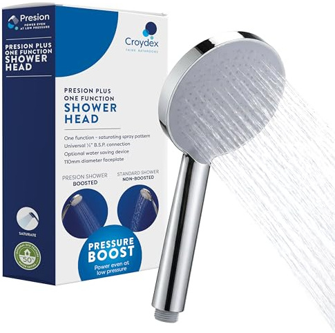 Croydex Presion Plus Pressure Boost Shower Head, Chrome | Chrome Shower Handset with Large Face | Designed for Low Pressure Systems | Optional Water Saving Device Included