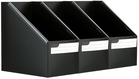 Marte Vanci Magasinfilhållare 3-pack plastmagasinhållare mapphållare skrivbordsorganisatör med etiketter, vikbar tidningsställ för hyllor, kontor, pappersfil, förvaring och organisation, svart