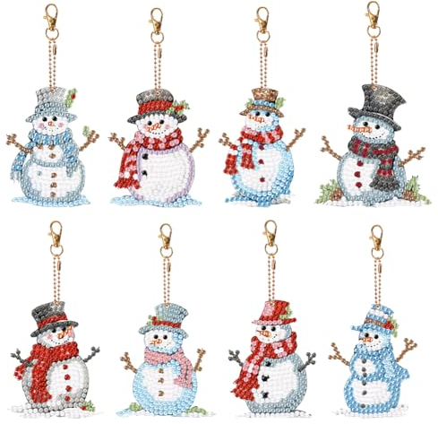 Demiawaking DIY Diamond Painting Schlüsselanhänger, Diamant Painting Weihnachten Anhänger Deko, Diamant Malerei Weihnachtsdeko Kit Ornament Geschenk (8Pcs Schneemann)