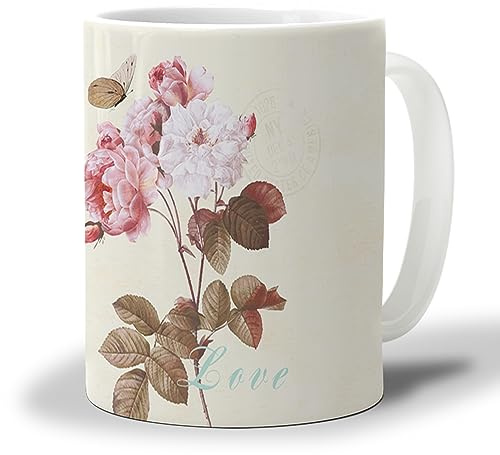 Taza de café de cerámica con diseño de mariposas y flores vintage, taza de té grande para café con leche, sopa de té como regalo para amigos, 12 onzas, apta para lavavajillas y microondas, tazas par