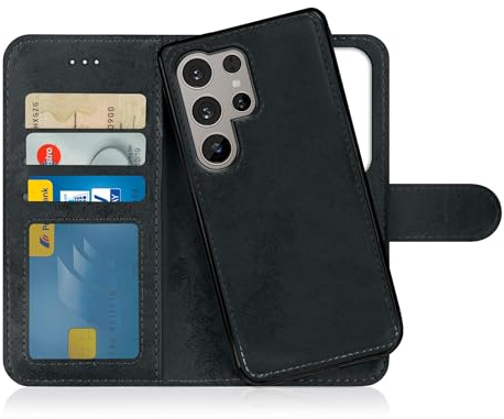 MyGadget Flip Case für Samsung Galaxy S24 Ultra - [ abnehmbare Magnet Hülle ] - Handyhülle aus Kunstleder - [ Klapphülle mit Kartenfach ] Schutzhülle in Schwarz