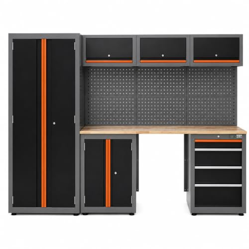 TRUTZHOLM Werkstattwand 13 TLG. Stahl 260 x 183 cm modulares Werkstattschranksystem flexibel stellbar & abschließbar mit Holzarbeitsplatte Hochschrank Schubladen Lochwand für Werkstattorganisation