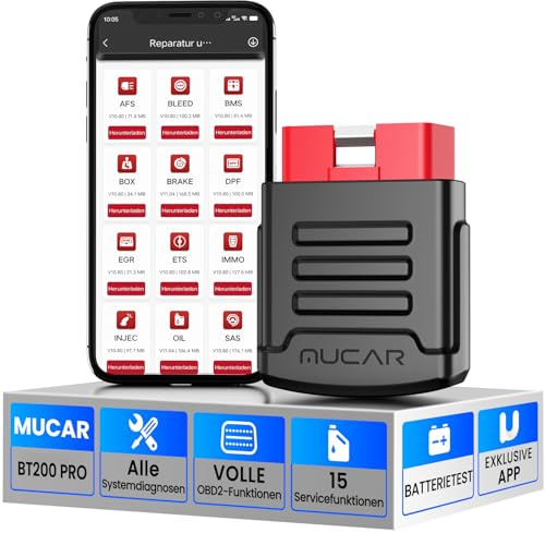 mucar OBD2 Bluetooth Adapter, BT200 PRO OBD2 Diagnosegerät mit Vollsysteme+15 Servicefunktionen, Diagnosegerät Auto für iOS/Android Batterietest, AutoVIN