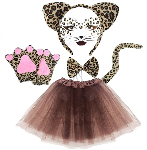 XNIVUIS Leopard Costume Set,Leopard Face Art Aticker,Leopard Hair Band,Bow Tie,Tail,Gloves,Tutu Skirt,Cat Costume For Masquerade Decoration Accessories Jungle Party Christmas (Brown)